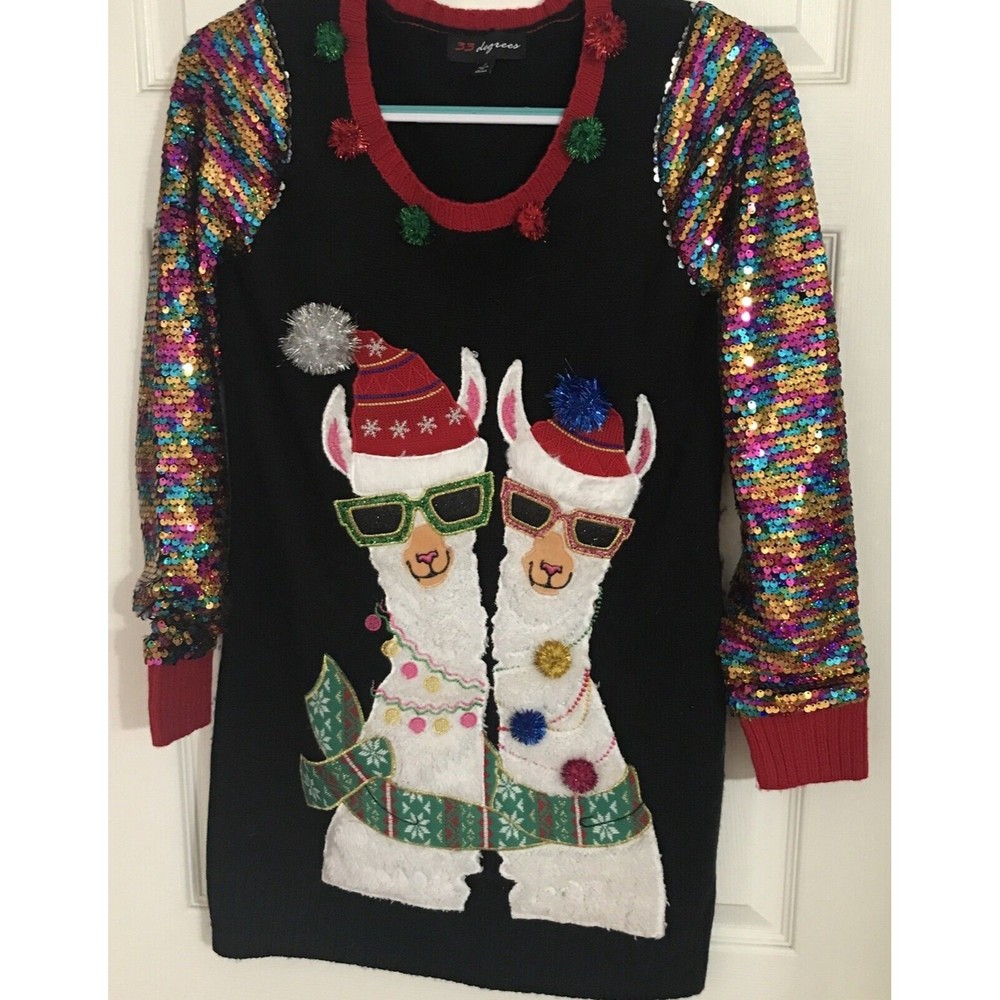 Ugly Christmas Sweater Llama Sequins Sparkle Pullover Size Small Women's